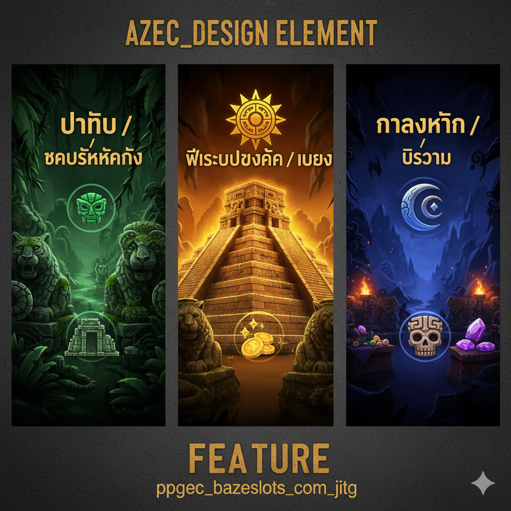 デザイン要素に焦点を当てた機能画像。画像を3つのセクションに分割し、それぞれ異なるAztecスロットの背景のタイプを視覚的に表現します。左側は「密林/廃墟」のテーマで、暗い緑色と湿った苔、謎めいた石の彫像をフィーチャー。中央は「黄金のピラミッド/都市」のテーマで、明るい金とオレンジの光、壮大な石の建物と太陽のシンボル。右側は「夜/儀式」のテーマで、濃い青と紫のトーン、トーチの光と月のシンボルを使用。それぞれのセクションには、対応するスロットのシンボル(マスク、宝石など)を小さなアイコンとして含め、Aztecスロットの多様なグラフィック要素を強調します。