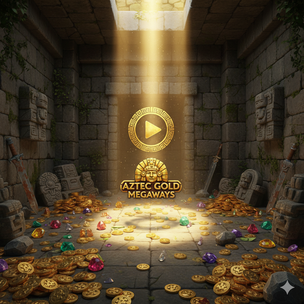 結論とCall-to-Actionを兼ねたまとめ画像。暗い石の部屋の中、床にはAztecの金貨や貴重な宝石、そして石の彫刻が散らばっています。中央には、ゲームのロゴやウェブサイトのロゴ(ppgslots.comは使用しないが、代替として抽象的な「プレイ」シンボルを使用)に向かって光が差し込むようなドラマチックな光の柱が描かれています。これは「結論」と「次の行動への扉」を象徴しています。色彩は暖かみのある金と冷たい石のコントラストを利用し、成功と発見の感情を呼び起こします。全体的に、旅の終わりと報酬の始まりを表現するような、豪華で魅力的なビジュアル。