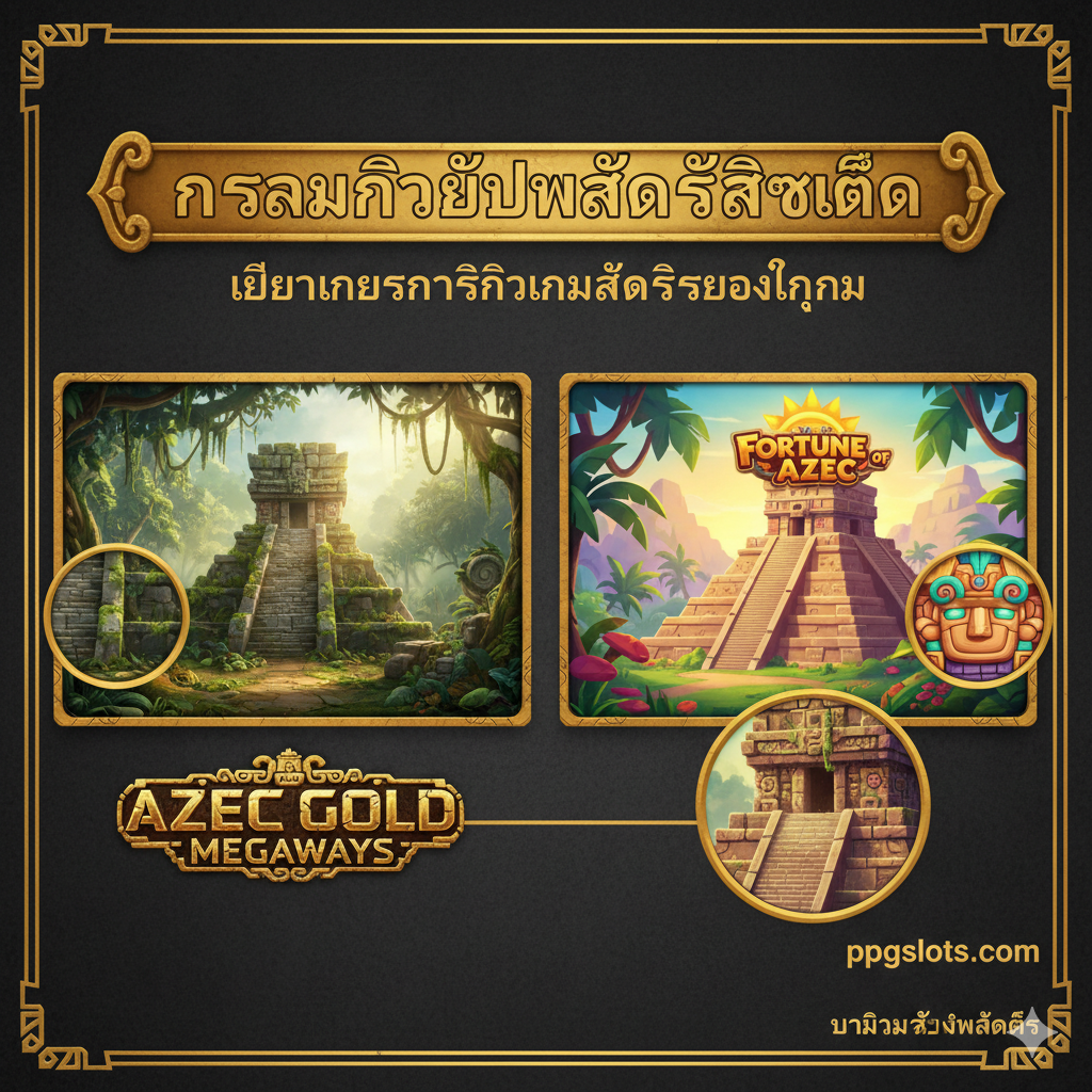 記事のレビューセクションに対応するチュートリアル風の画像。主要なAztecスロットゲームのグラフィックを比較する視覚的な「レビューボード」として構成します。中央には「Aztec Gold Megaways」の高品質な3Dジャングル背景のスクリーンショット風の画像、その横に「Fortune of Aztec」のよりカラフルで漫画的なビジュアルを配置します。画像全体に、デザイン分析を示すために、ズームインした細部(テクスチャや光の表現)の小さな円形インセットを追加し、「Aztec Slot Visual Analysis」というテキストを目立たせます。高級感のあるウェブサイトのレビュー記事のレイアウトを模倣します。