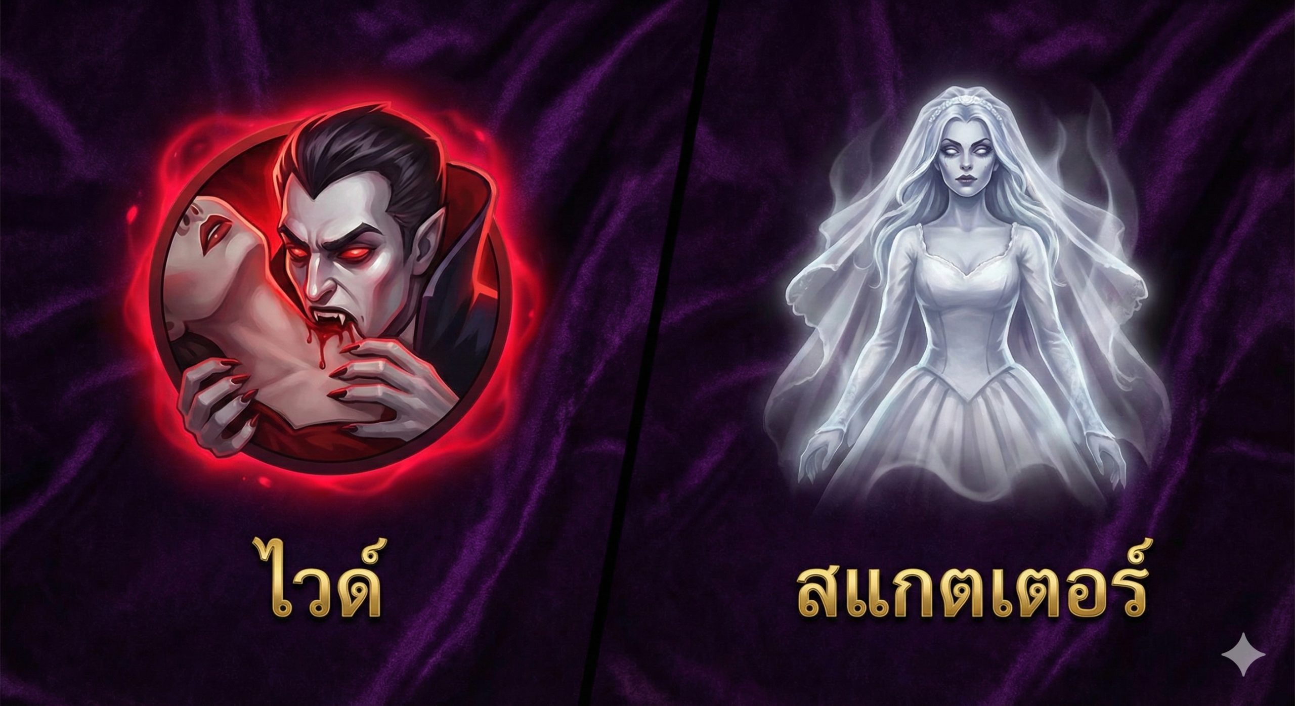 展示游戏核心功能符号的特写合成图。画面左侧是代表Wild的吸血鬼咬人图标，散发着血红色光晕；右侧是代表Scatter的吸血鬼新娘图标，带有幽灵般的白色光效。背景采用深紫色天鹅绒质感，衬托出NetEnt游戏精致的2D美术细节，强调高赔率符号的诱惑力，吸引玩家关注游戏的特殊奖励机制。