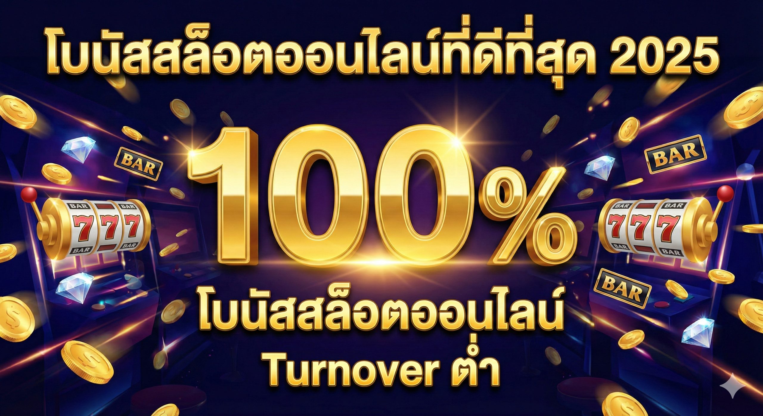 一张引人注สายตา (eye-catching) 的高品质封面图，主题为 'โบนัสสล็อตออนไลน์ที่ดีที่สุด 2025'。图片中央应有一个闪亮的 '100%' 标志，下方是泰语关键词 'bonus slot online' และ 'Turnover ต่ำ'。背景是充满活力和财富感的赌场主题，有金币飞溅、老虎机符号（เช่น 777, BAR, เพชร）在黑暗中闪耀。主色调为金色、深蓝/紫色 เพื่อสื่อถึงความหรูหราและความน่าเชื่อถือ。构图采用三分法，将主要文字信息放在黄金分割点。