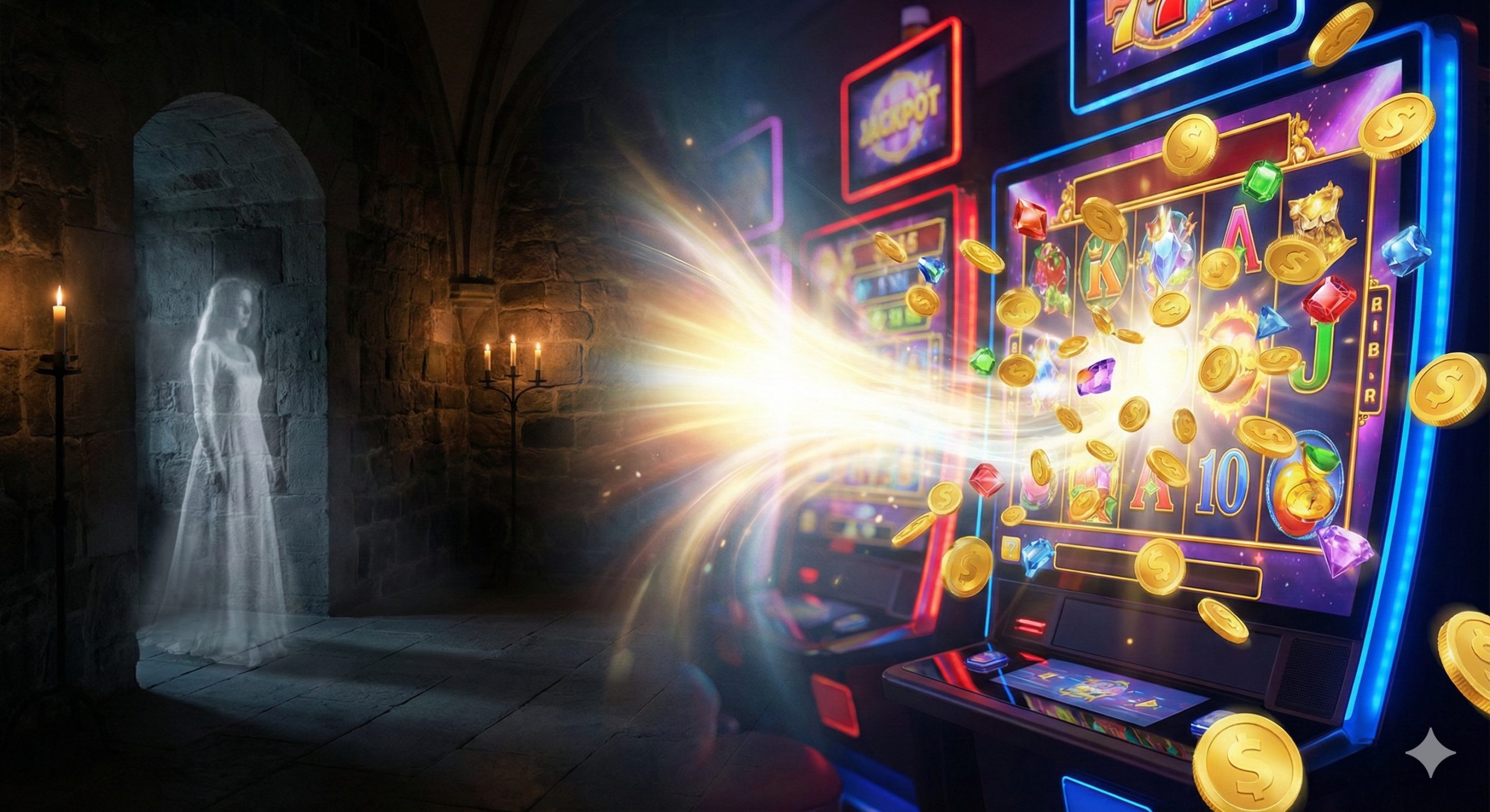 图片采用富有张力的视觉对比设计，左侧画面是幽暗神秘的城堡角落，隐约可见传说中的'白衣女士'剪影，代表历史的神秘感；右侧画面则是色彩斑斓、金币飞溅的在线老虎机大奖特效，代表现代的刺激感。两者通过一道光束融合，象征着无论是实地探险还是在线游戏，都能为用户带来心跳加速的极致优势体验。