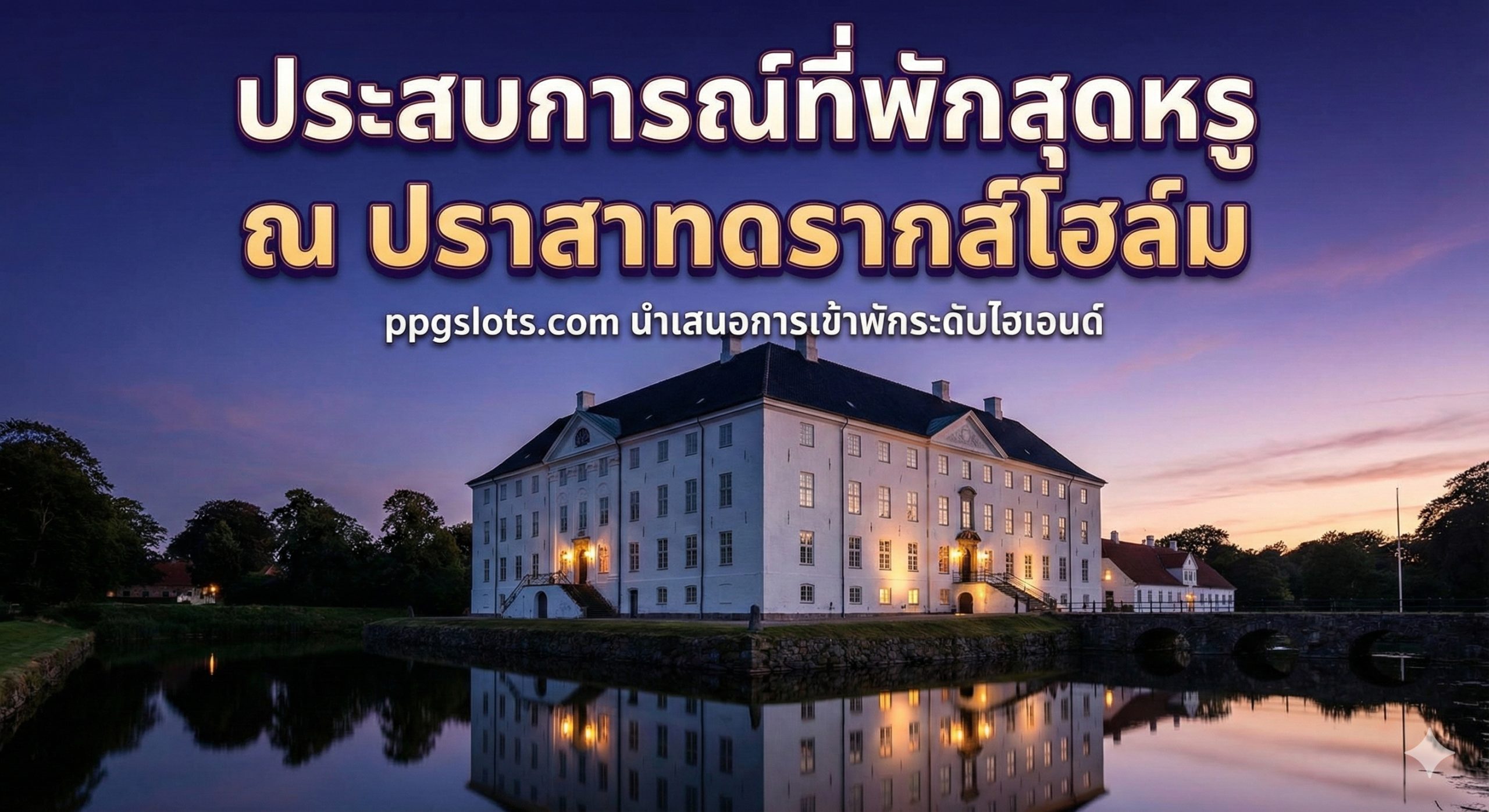 这张图片展示了丹麦Dragsholm Slot城堡在黄昏时刻的宏伟全景。白色的巴洛克风格城堡建筑倒映在静谧的护城河水中，天空呈现出深邃的靛蓝色与紫色的渐变，营造出一种既神秘又奢华的氛围。画面构图开阔，突显出已有800年历史的古堡的庄严感，旨在第一时间抓住读者的眼球，传达出高端住宿体验的主题。