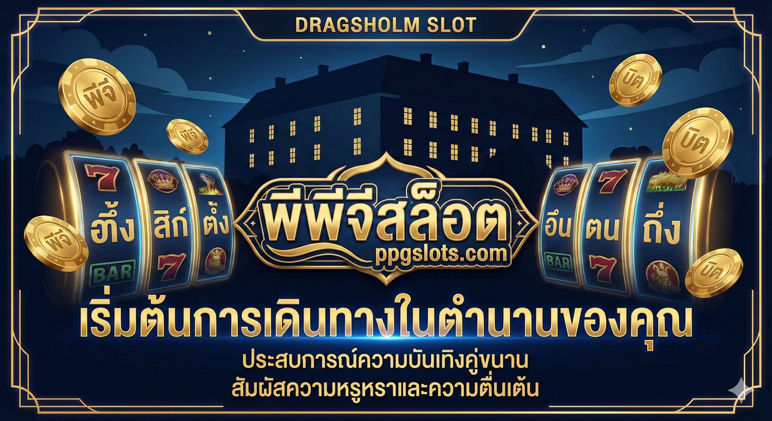 总结图片采用极具号召力的海报风格。背景是Dragsholm城堡的剪影，前方融合了现代数字娱乐的元素，如漂浮的金色筹码和发光的Slot游戏图标。画面中央醒目地展示'ppgslots.com'的品牌标识，配以'开启你的传奇之旅'的泰语文字（如有），色彩上使用高贵的金色与神秘的午夜蓝结合，呼吁用户立即行动，体验双重乐趣。