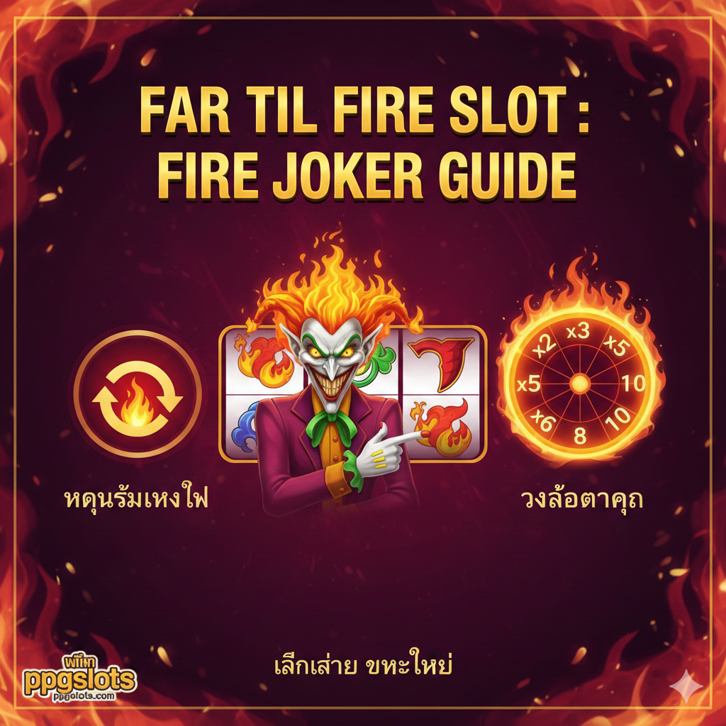 教程图以Play'n GO的'Fire Joker'为灵感,采用3x3的经典老虎机布局。画面中心是一位带有邪恶笑容的火焰小丑(Joker),他的一只手指向一个被火焰包围的'Wheel of Multipliers'(乘数之轮),显示着从x2到x10的数字。另一侧可以突出'Respin of Fire'的文字或图标,用简单的视觉元素暗示其'简单易玩'和'高倍率'的特点,背景为深红色或紫色,提升神秘和运气感。