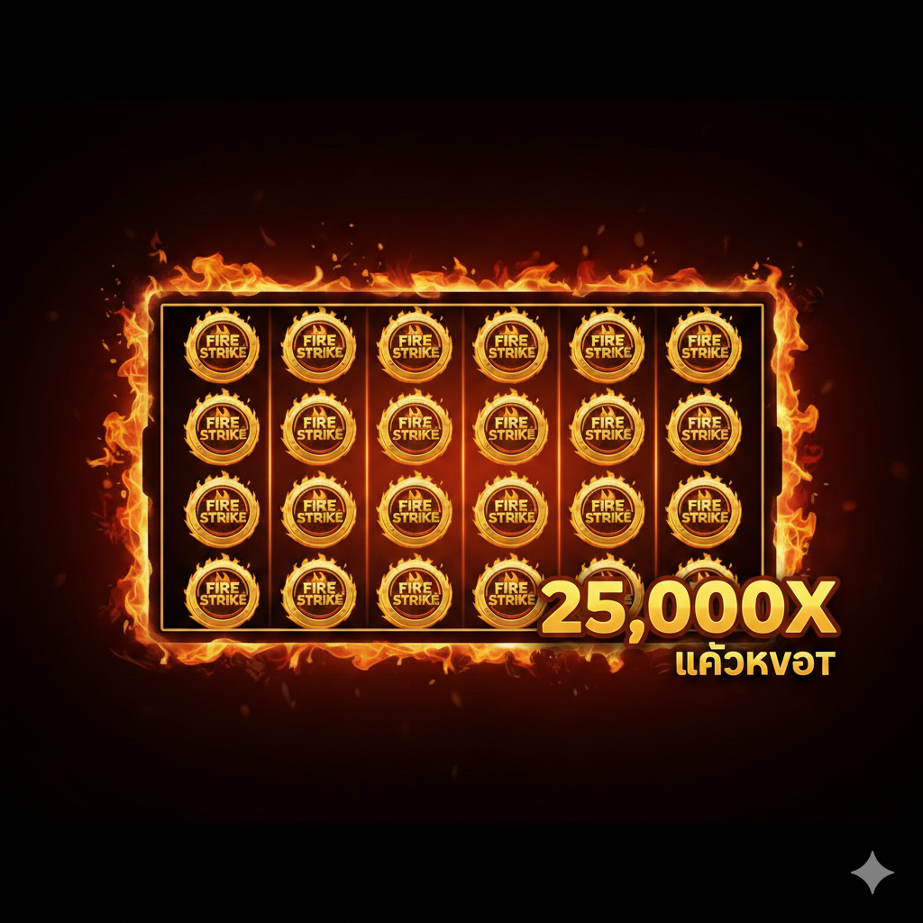 功能图应突出文章中推荐的'Fire Strike 2'游戏的关键特征。画面展示一个被火焰包围的3x5老虎机网格,其中有15个'Fire Strike'符号(可能是火焰环绕的徽章或标志)充满整个屏幕,旁边配上一个巨大的数字'25,000X'或'JACKPOT'的文字提示。色彩以黑、金和炽热的橙色为主,强调高额累积奖金的震撼感和即时性,构图清晰地展示了最大赢奖条件。