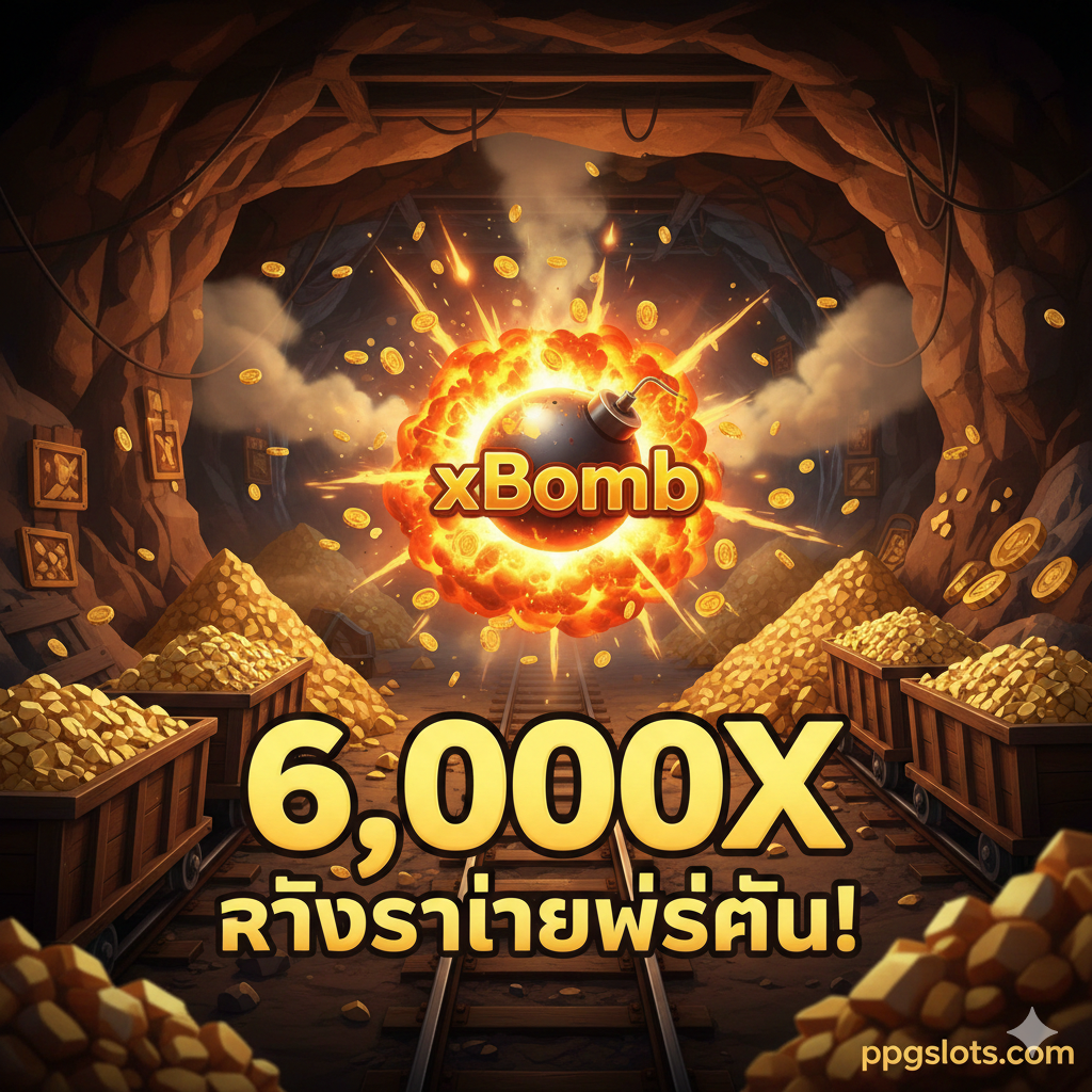 总结图应以'Fire in the Hole xBomb'的最高奖励为核心。画面是一片地下矿洞的深处,充满金块和矿车。一个巨大的xBomb符号位于中心并正在爆炸,释放出火焰和金币,背景是爆炸产生的烟雾和光芒。突出显示一个超大的数字'60,000X MAX WIN!',强调巨大的回报潜力。构图应具有深度和力量感,颜色为深棕、金黄和爆炸橙色,激发玩家追求最终大奖的欲望。