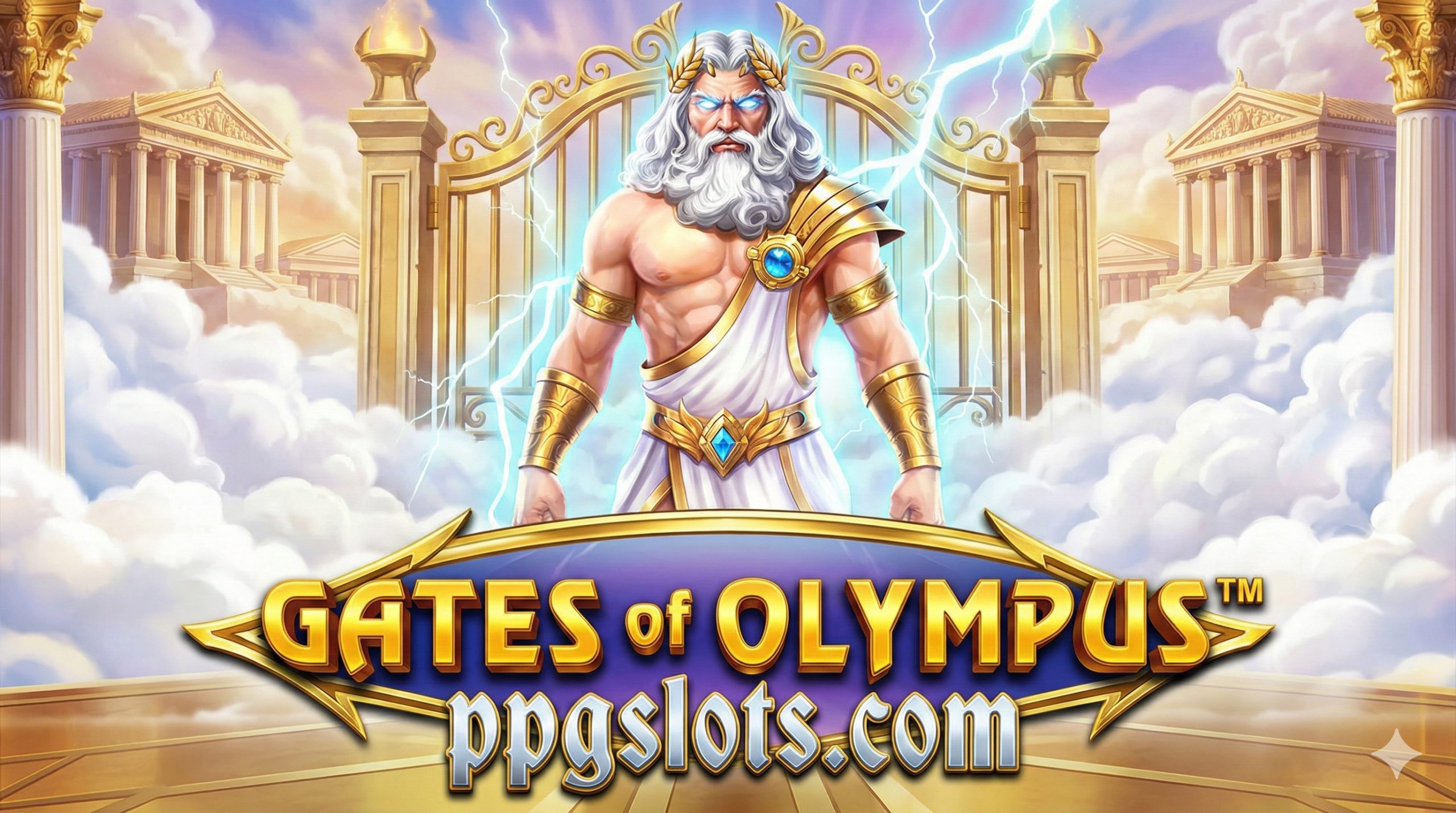 一张极具视觉冲击力的封面图，画面中央是威严的众神之王宙斯（Zeus），他漂浮在云雾缭绕的金色奥林匹斯大门前，双眼闪烁着电光蓝色的能量。背景展示宏伟的古希腊神殿建筑。前景突出'Gates of Olympus™'的官方游戏Logo，并在显著位置自然融合'ppgslots.com'的品牌标识。色彩以奢华的金色、神圣的白色和充满能量的雷电蓝为主，营造出高波动性与史诗感的博彩氛围。