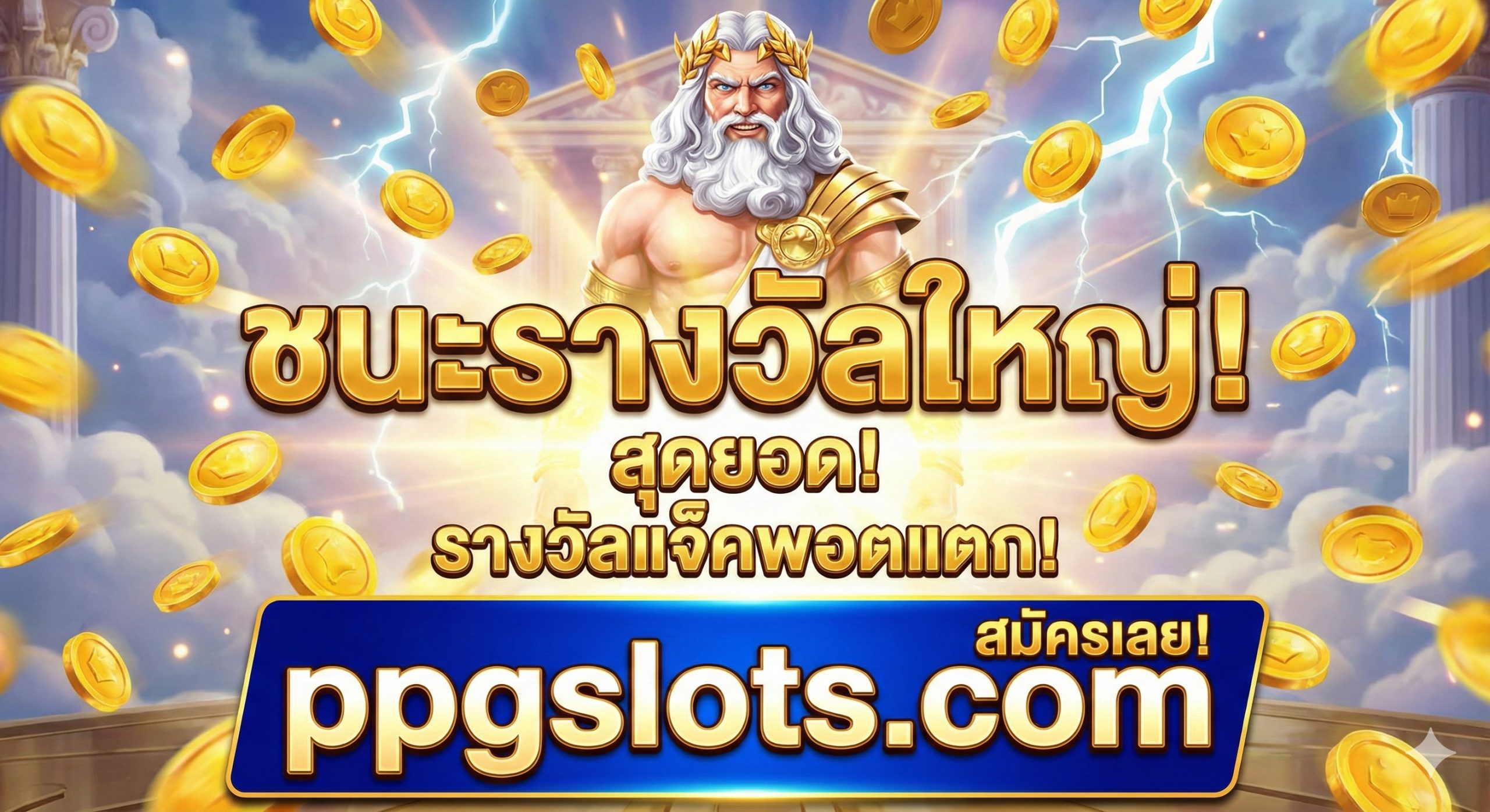 充满胜利喜悦的总结图，描绘大奖爆发的瞬间。画面中央是巨大的金色'SENSTATIONAL'或'BIG WIN'字样，周围伴随着爆炸般喷涌而出的金币雨。背景中的宙斯展露满意的神情。在画面的底部或显眼位置，使用醒目的粗体字体展示'ppgslots.com'网址，作为强有力的行动号召（CTA），鼓励玩家立即点击注册，追求属于他们的5000倍大奖。