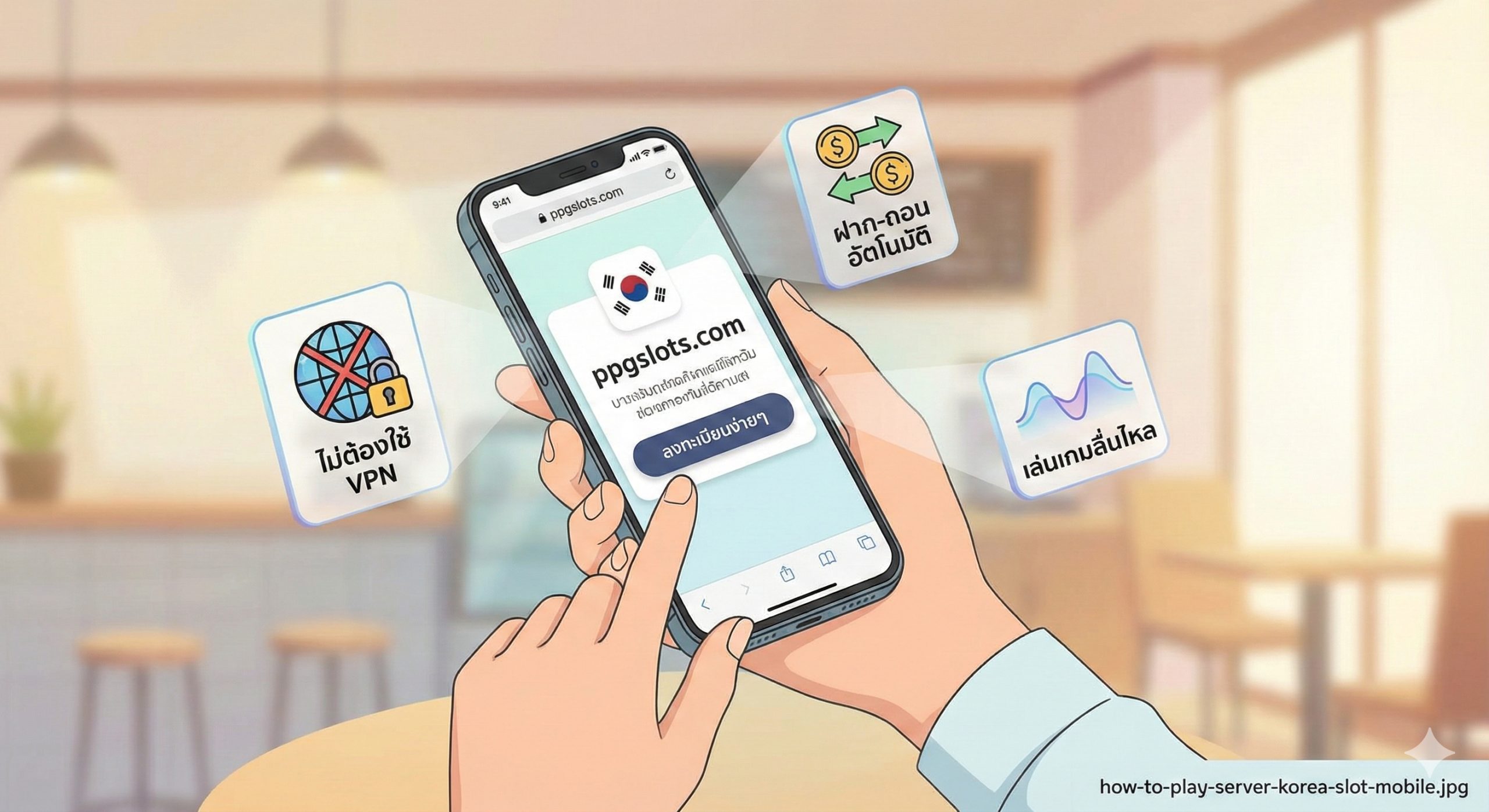 一张干净明亮的等距视角插图,展示用户在现代生活场景(如咖啡厅)中手持智能手机,屏幕显示ppgslots.com的'一键注册'界面。手机周围漂浮着全息图标,分别代表'无需VPN'、'自动存取款'和'流畅游戏'。UI设计采用了韩式极简主义风格,界面清晰易懂。背景柔和虚化,光线温暖,强调移动端优先(Mobile First)的便捷性和用户体验,消除用户对操作复杂的顾虑。