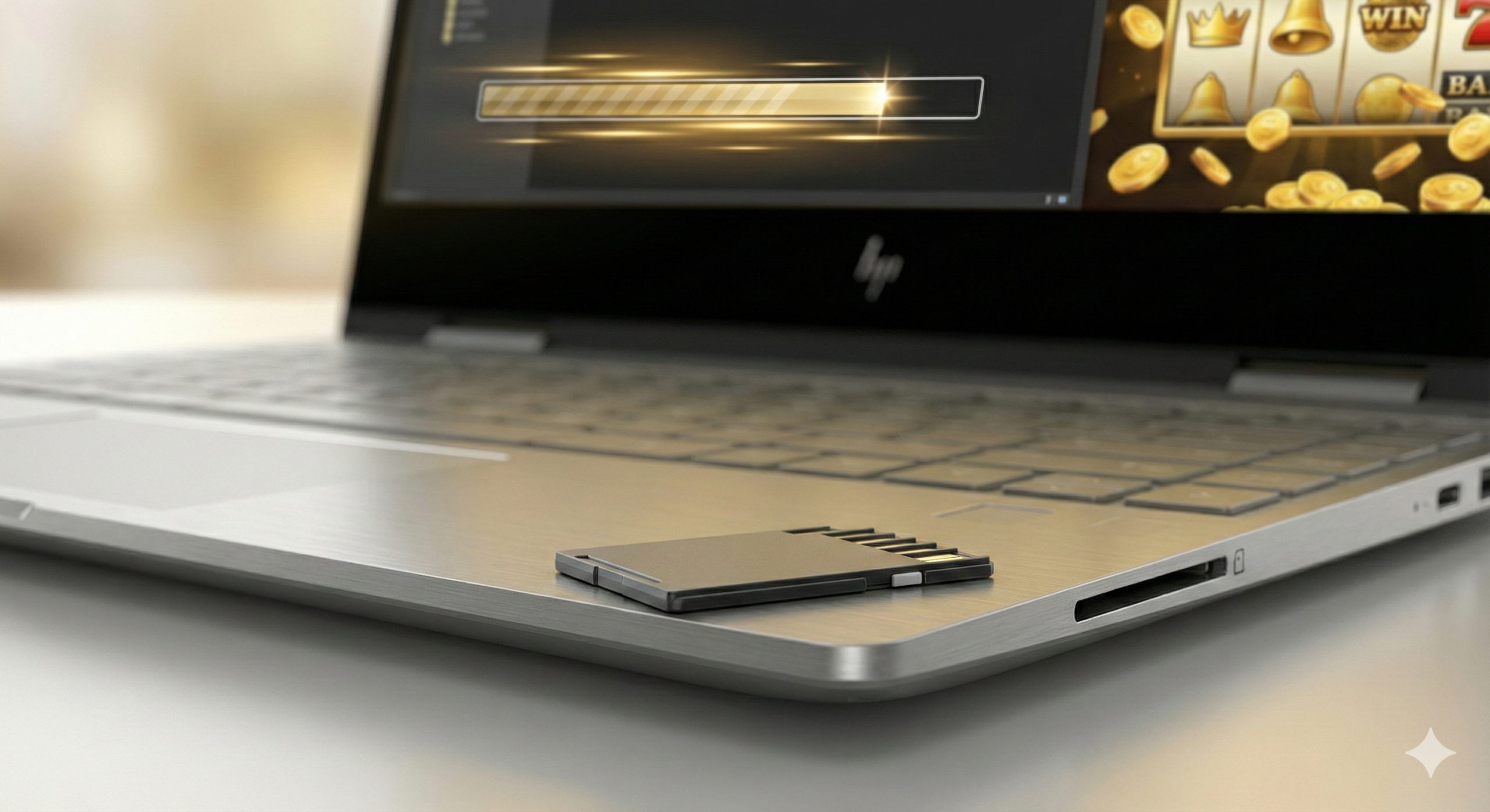 一张总结性的静物摄影图，画面中心是一张高速UHS-I SD卡放置在HP Envy x360金属质感的掌托上。背景虚化的屏幕上显示着文件传输极速完成的进度条，旁边隐约可见ppgslots的中奖画面。整体色调采用高级的银灰色搭配象征财富的金黄色光泽。