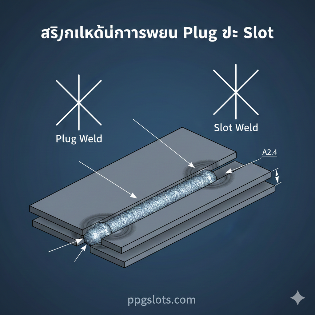 ภาพหน้าปกที่ดึงดูดสายตาและเป็นทางการ แสดงภาพกราฟิก 3D ของรอยเชื่อม Plug Weld และ Slot Weld ที่เสร็จสมบูรณ์บนแผ่นเหล็กซ้อนกัน (Lapped Joint) โดยมีสัญลักษณ์ AWS (American Welding Society) A2.4 สำหรับ Plug Weld และ Slot Weld ลอยอยู่เหนือภาพอย่างชัดเจนและมีขนาดใหญ่ เน้นโทนสีน้ำเงินและเหล็กกล้าสีเทาเข้ม มีแสงเงาคมชัดเพื่อสื่อถึงความเป็นวิศวกรรมและความแม่นยำ องค์ประกอบรวมถึงภาพรวมของ Weld Symbol ที่มีเส้นอ้างอิงและลูกศร สื่อถึงหัวข้อ 'สัญลักษณ์การเชื่อม Plug และ Slot' และมาตรฐาน AWS