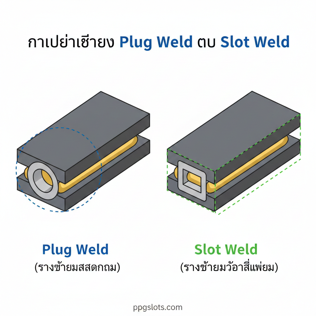 ภาพประกอบเชิงฟังก์ชันที่เปรียบเทียบความแตกต่างระหว่าง Plug Weld และ Slot Weld อย่างชัดเจน ภาพแบ่งเป็นสองส่วน: ส่วนซ้ายแสดงภาพตัดขวาง (Cross-section view) ของ Plug Weld (รูวงกลม) ที่เชื่อมเต็ม และส่วนขวาแสดงภาพตัดขวางของ Slot Weld (ช่องสี่เหลี่ยมผืนผ้า) ที่เชื่อมเต็ม บนแผ่นเหล็กซ้อนทับกัน (Lapped Plates) ใช้สีที่แตกต่างกันเพื่อเน้นส่วนที่เป็นรอยเชื่อม (สีเหลืองทอง) และส่วนของเหล็ก (สีเทา) ภาพควรรวมถึงการเน้นรูปร่างวงกลมและสี่เหลี่ยมผืนผ้าเพื่ออธิบายคำจำกัดความตามส่วนที่ 1.1 ของบทความ