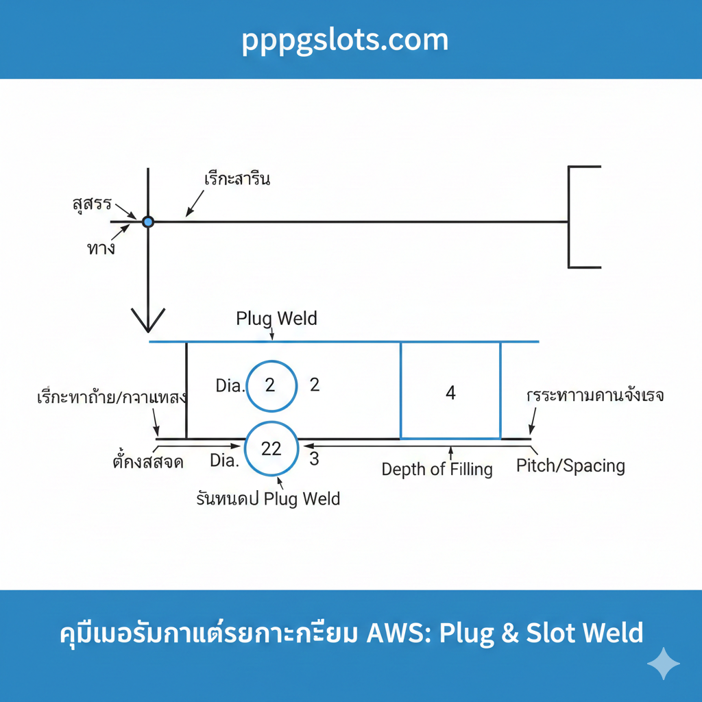 ภาพกราฟิกเชิงสอนที่ละเอียด แสดงองค์ประกอบหลักของสัญลักษณ์การเชื่อม AWS โดยเน้นที่การระบุขนาดของ Plug Weld และ Slot Weld องค์ประกอบควรรวม: 1) เส้นอ้างอิง (Reference Line) 2) ลูกศร (Arrow) 3) หาง (Tail) 4) ตำแหน่งของสัญลักษณ์ Plug Weld (วงกลม) ที่ด้านล่างของเส้น (Arrow Side) และ 5) ตำแหน่งของตัวเลขบอกขนาด: 'Diameter' หรือ 'Width' ทางซ้าย, 'Depth of Filling' ภายในสัญลักษณ์ และ 'Pitch/Spacing' ทางขวา ใช้ลูกศรชี้และป้ายกำกับที่ชัดเจนเป็นภาษาไทยหรือสากล (เช่น Dia, Pitch) เพื่อช่วยให้ผู้อ่านเข้าใจวิธีการอ่านขนาดตามส่วนที่ 3.2 และ 4.2