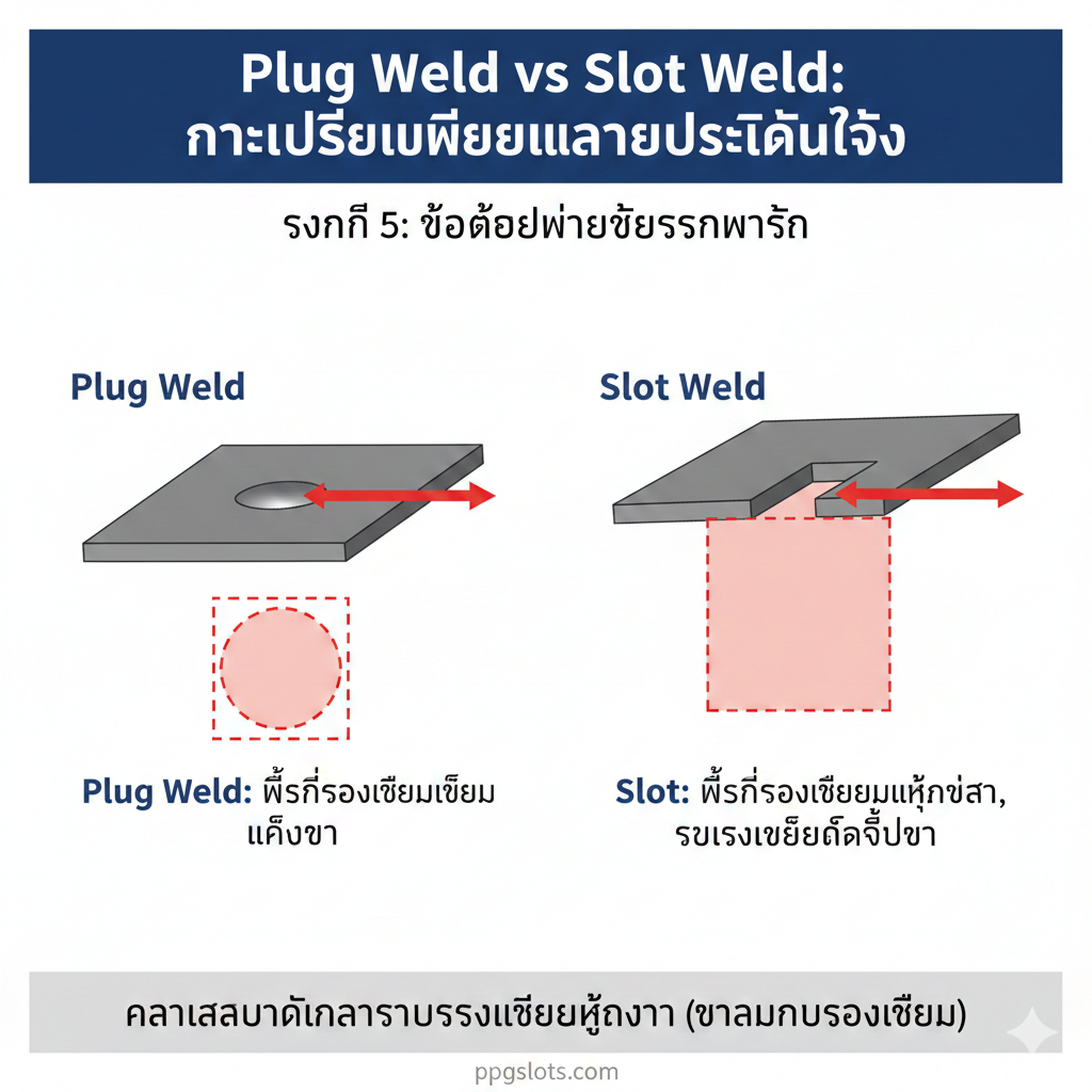 ภาพเปรียบเทียบที่เน้นข้อดีเชิงโครงสร้าง แสดงโมเดล 3D ของชิ้นงานที่มีการเชื่อมแบบ Plug Weld และ Slot Weld ถูกดึงด้วยแรงเฉือน (Shear Load) ในทิศทางเดียวกัน ภาพควรแสดงให้เห็นว่า Slot Weld ที่มีความยาวมากกว่ามีพื้นที่รอยเชื่อม (Weld Area) ที่ใหญ่กว่า ซึ่งอาจหมายถึงความสามารถในการรับแรงเฉือนที่ดีกว่าในทิศทางขนานกับรอยเชื่อม ใช้กราฟิกสีแดงเพื่อแสดงเวกเตอร์ของแรงเฉือน (Shear Force) และเน้นพื้นที่หน้าตัดของรอยเชื่อมเพื่อสื่อถึงหัวข้อ 'Plug Weld vs Slot Weld: การเปรียบเทียบและการตัดสินใจ' ในส่วนที่ 5
