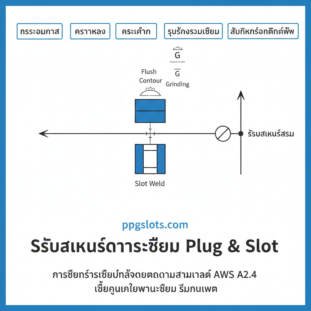 ภาพสรุปที่แสดงสัญลักษณ์การเชื่อม Plug Weld ที่สมบูรณ์แบบ พร้อมด้วยสัญลักษณ์เสริม (Supplementary Symbols) ที่หาง (Tail) และสัญลักษณ์รูปลักษณ์งานเชื่อม (Contour Symbol) เช่น 'Flush Contour' (เส้นโค้ง $cap$) และ 'Finish Symbol' (เช่น G สำหรับ Grinding) ภาพควรรวมองค์ประกอบทั้งหมดของ AWS Weld Symbol Diagram ที่ครบถ้วน พร้อมป้ายกำกับที่ระบุตำแหน่งของข้อมูลต่างๆ เช่น Process, Length, Pitch, Contour และ Finish โดยเน้นย้ำถึงความสำคัญของการเขียนสัญลักษณ์ที่ถูกต้องตามมาตรฐาน AWS A2.4 เพื่อคุณภาพงานเชื่อมที่สมบูรณ์แบบ
