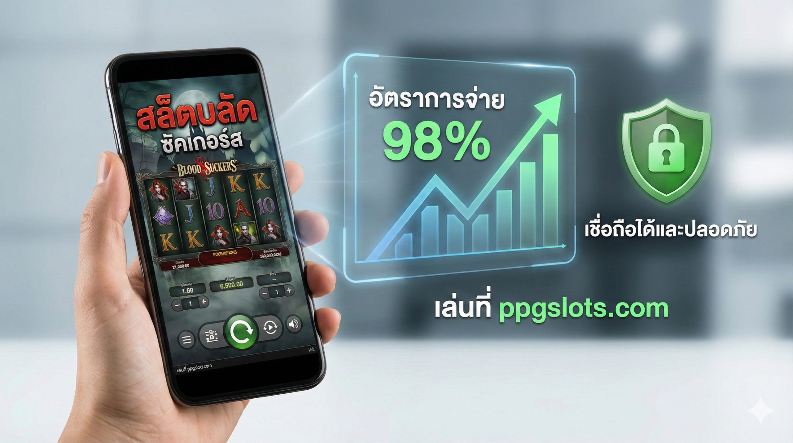 体现平台优势与移动端完美适配的构图。主体是一部握在手中的现代智能手机，屏幕清晰显示Blood Suckers的游戏界面，操作流畅。手机后方背景是一个全息投影的上升折线图，醒目标注'98% RTP'数据，旁边配有一个象征'Fiable'（可靠/安全）的绿色盾牌与锁的图标，强调在ppgslots.com游玩的安全性与高回报率。