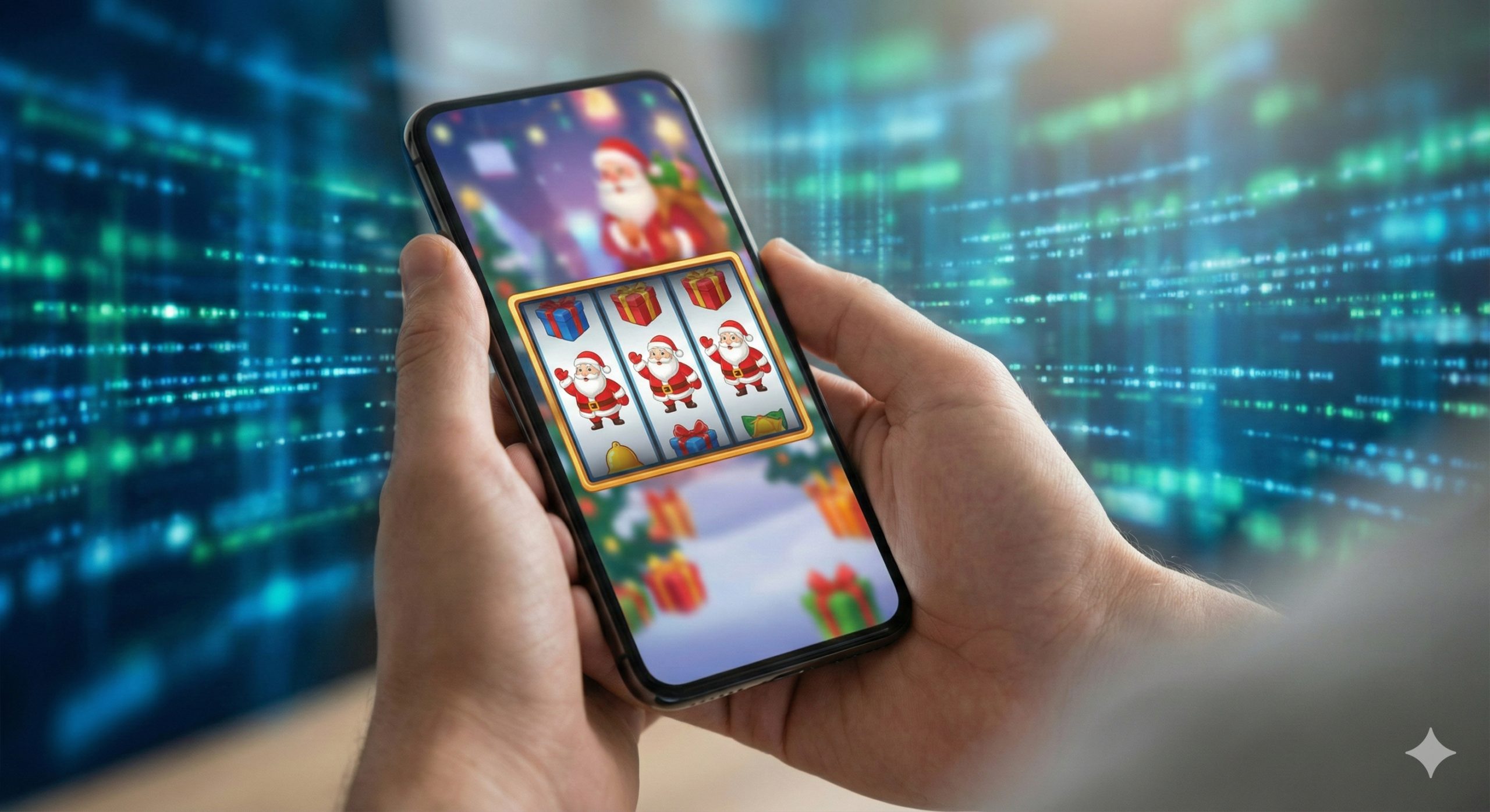 A modern lifestyle shot showing a hand holding a smartphone playing 'Santa's Great Gifts Slot Demo' in portrait mode. The screen displays a clear, high-resolution interface of the game. The background is a blurred abstract digital effect suggesting high-speed server connection and stability, representing the seamless experience on ppgslots.com. Soft lighting focuses on the phone screen to emphasize mobile compatibility.