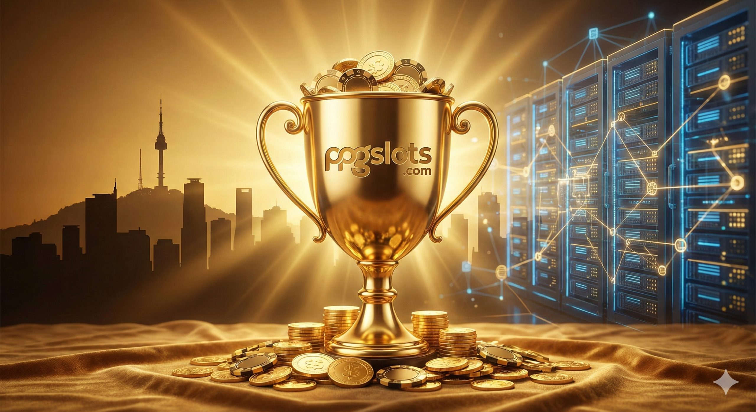 一张充满奢华感和胜利氛围的总结性图片。画面中心放置着刻有ppgslots.com标志的金奖杯,周围堆满了金币和筹码。背景巧妙融合了首尔城市的剪影(如首尔塔)和数字化的服务器节点网格,寓意韩国顶尖技术带来的财富机会。光影效果采用电影级的金色暖光,营造出高端、成功和可信赖的氛围,作为文章结尾强有力的号召。