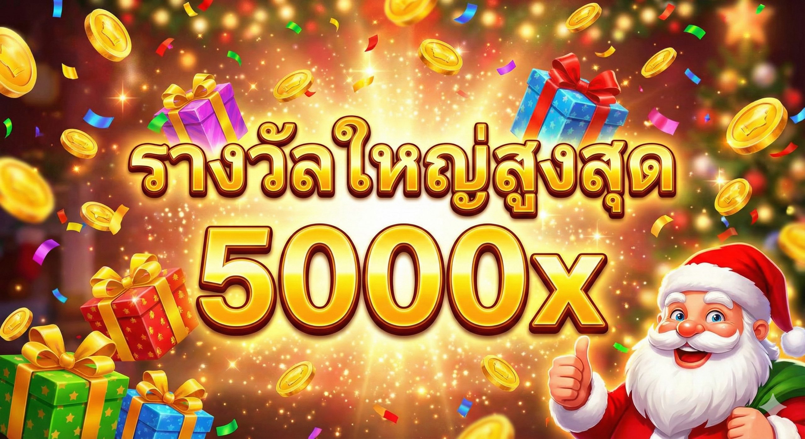 A celebratory 'Big Win' concept image. The center features large, glowing golden text reading '5000x MAX WIN' surrounded by falling gold coins, confetti, and wrapped presents. Santa Claus is in the corner giving a thumbs up. The atmosphere is euphoric and triumphant, with bright sparkles and high contrast to symbolize the ultimate prize potential of the game. Perfect for summarizing the review.