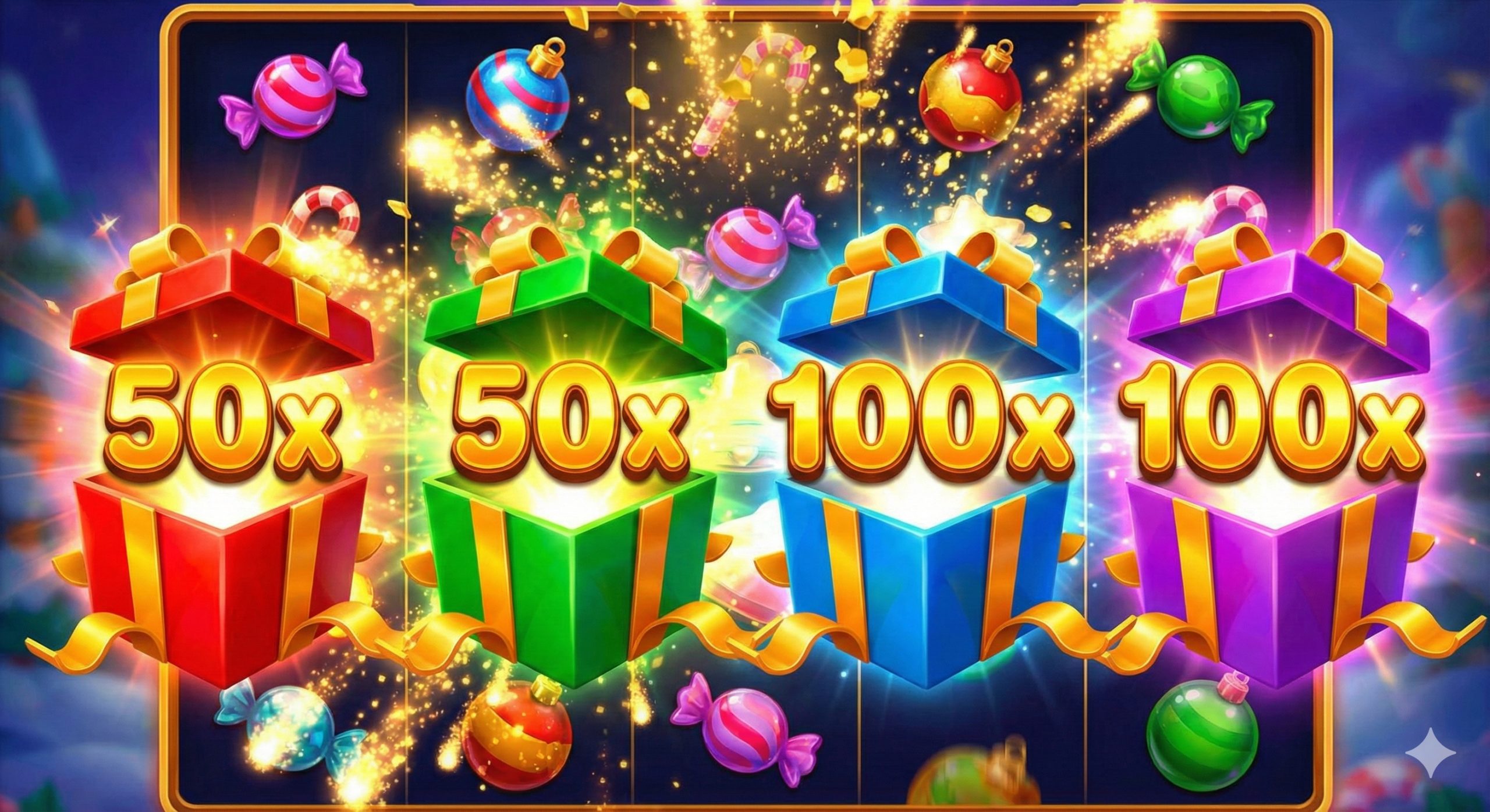 A close-up action shot of the game reels focusing on the 'Multiplier' feature. Four distinct colorful gift boxes (Red, Green, Blue, Purple) are popping open to reveal glowing multiplier numbers like 50x and 100x. The background shows the tumbling reel mechanic where winning symbols are exploding into golden particles. The visual style is dynamic and energetic, highlighting the high-volatility excitement of the game mechanics.