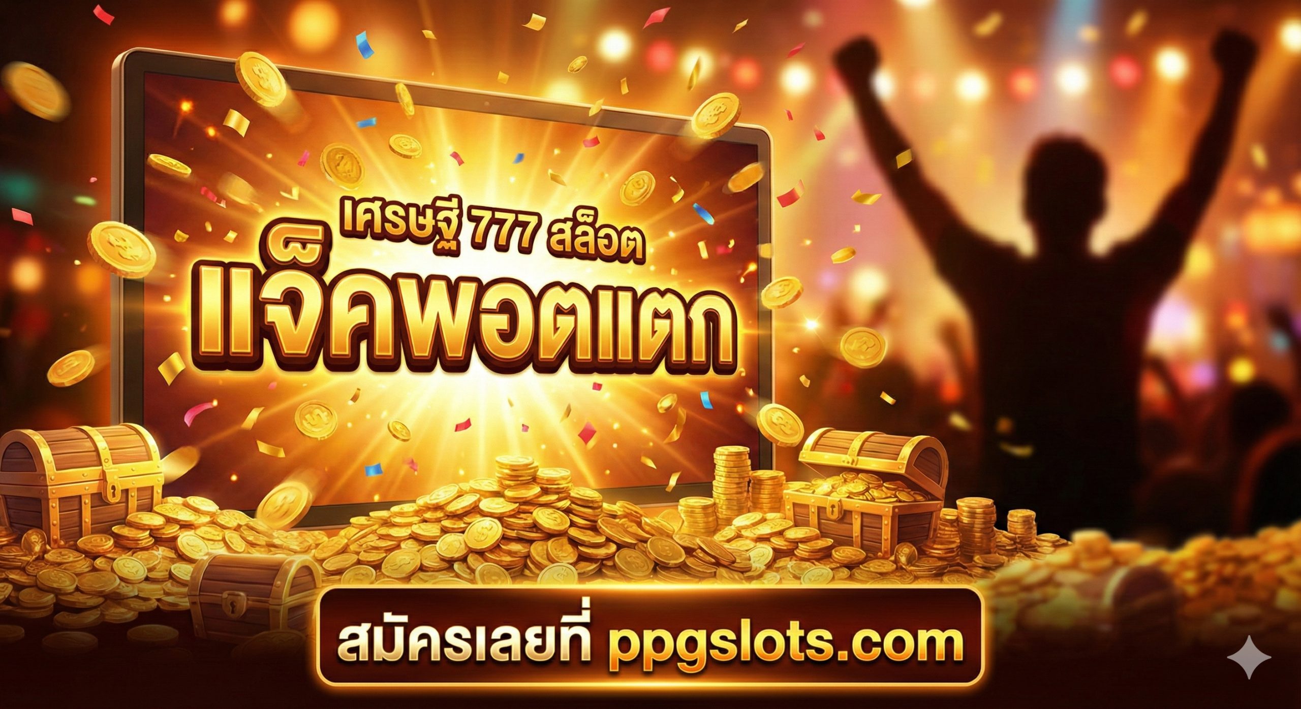 极具感染力的总结性图片，展示屏幕上爆发出的'BIG WIN'或'JACKPOT'字样，伴随着爆炸式的彩带和堆积如山的金币。背景中隐约可见一位欢呼雀跃的赢家剪影，寓意成为下一位百万富翁。图片下方醒目地展示'立即注册 ppgslots.com'的号召性文字，利用暖色调和高饱和度的色彩，激发用户立即点击参与的情绪。