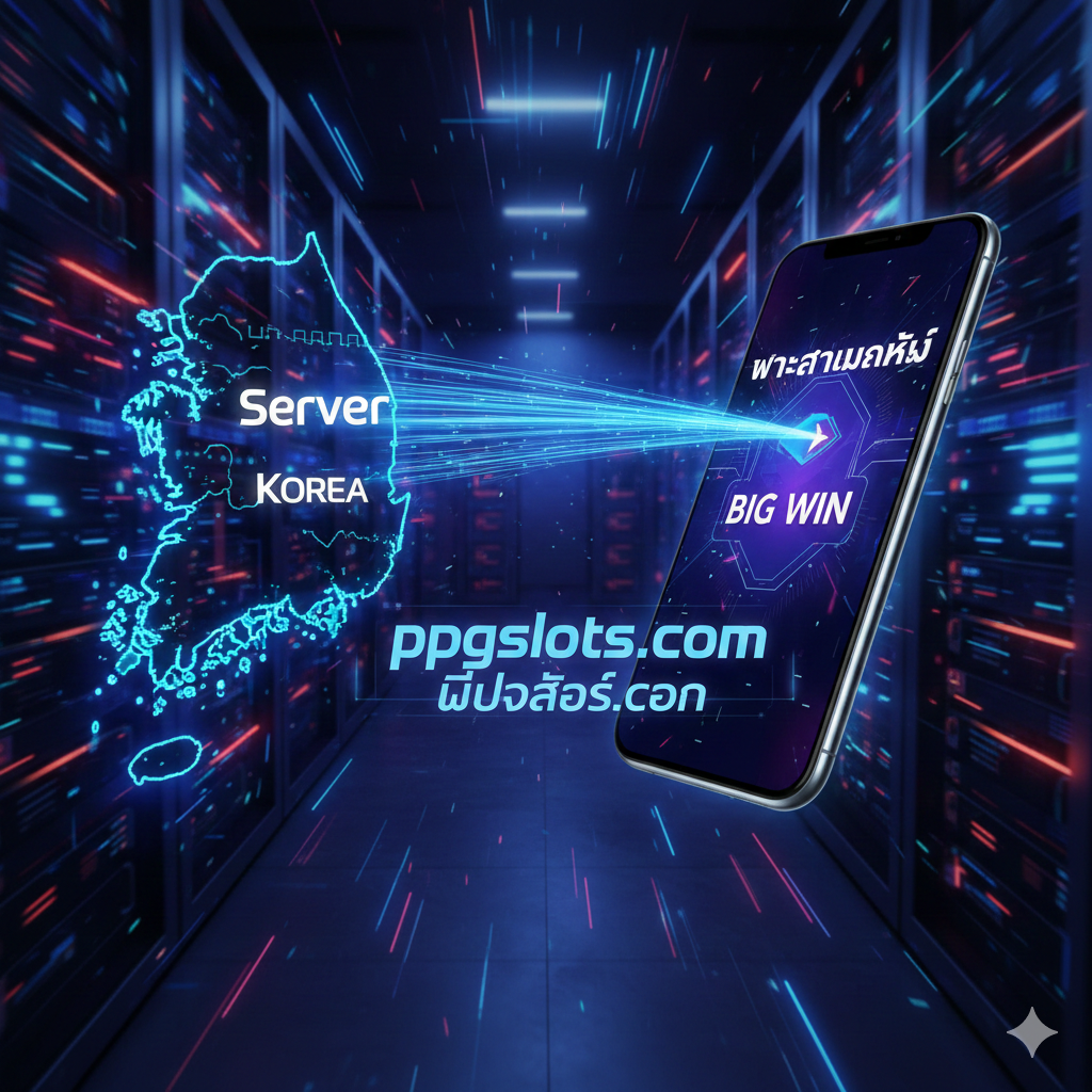 一张极具未来感的3D数字合成图,展示了从发光的韩国地图(代表Server Korea)发出的一束高速蓝色光纤数据流,直接连接到一台显示着'BIG WIN'画面的现代智能手机屏幕上。背景是深邃的服务器机房,闪烁着霓虹蓝和紫色的灯光,象征着极致的稳定性和速度。画面中央有全息投影风格的'ppgslots.com'标志,整体构图动感十足,采用高对比度的赛博朋克风格配色,强调速度感与科技连接。