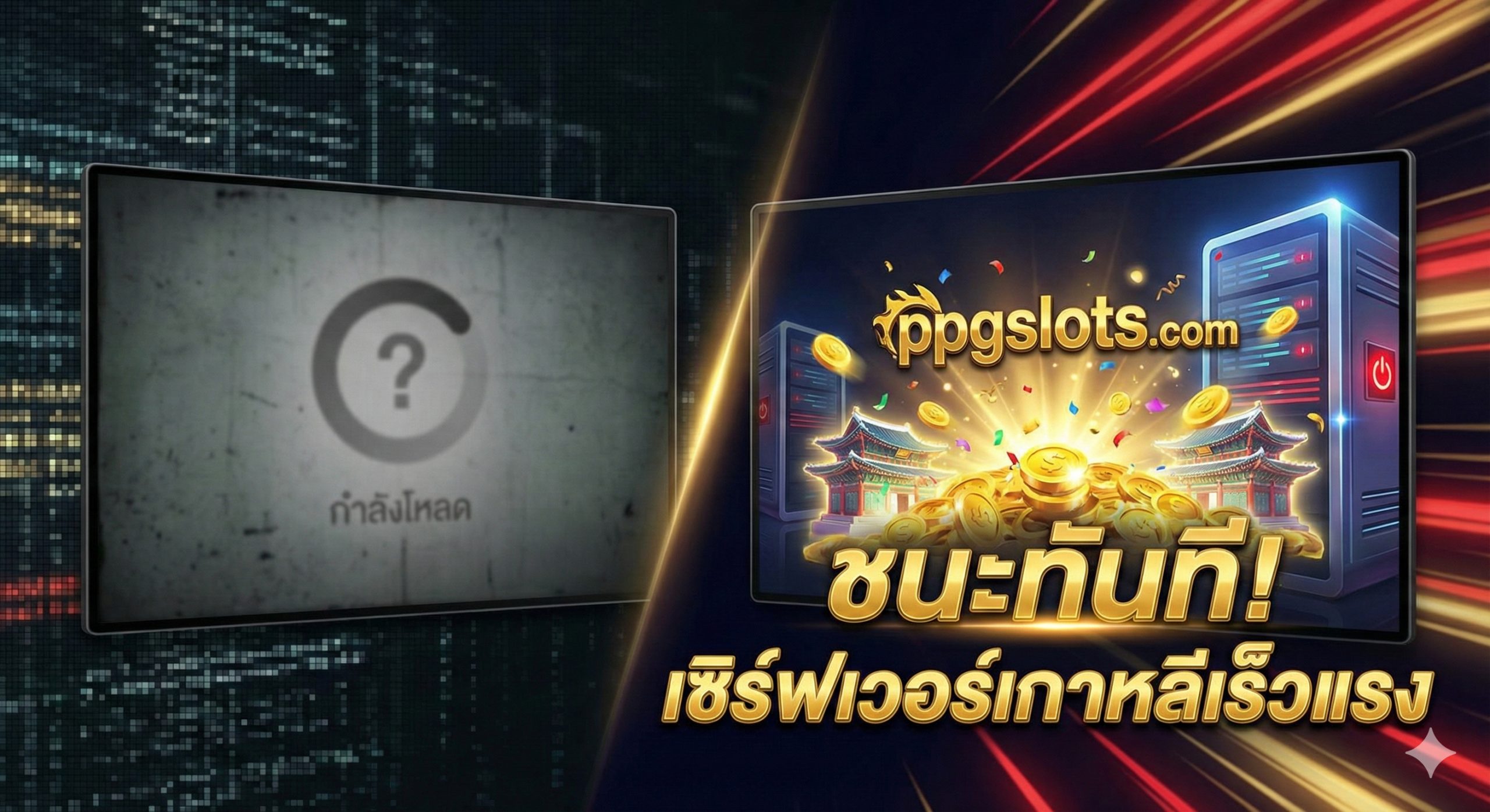 具有强烈视觉冲击力的对比图。左侧是一个灰暗模糊的普通服务器加载图标,右侧是ppgslots韩国服务器带来的爆炸性胜利画面,金币和彩带从清晰锐利的屏幕中喷涌而出。背景使用动态模糊的线条(Speed lines)来强调毫秒级的超低延迟。色彩主要是充满活力的红色和金色,对比深黑色的科技背景,直观地展示出韩国服务器在流畅度和中奖反馈上的巨大优势。