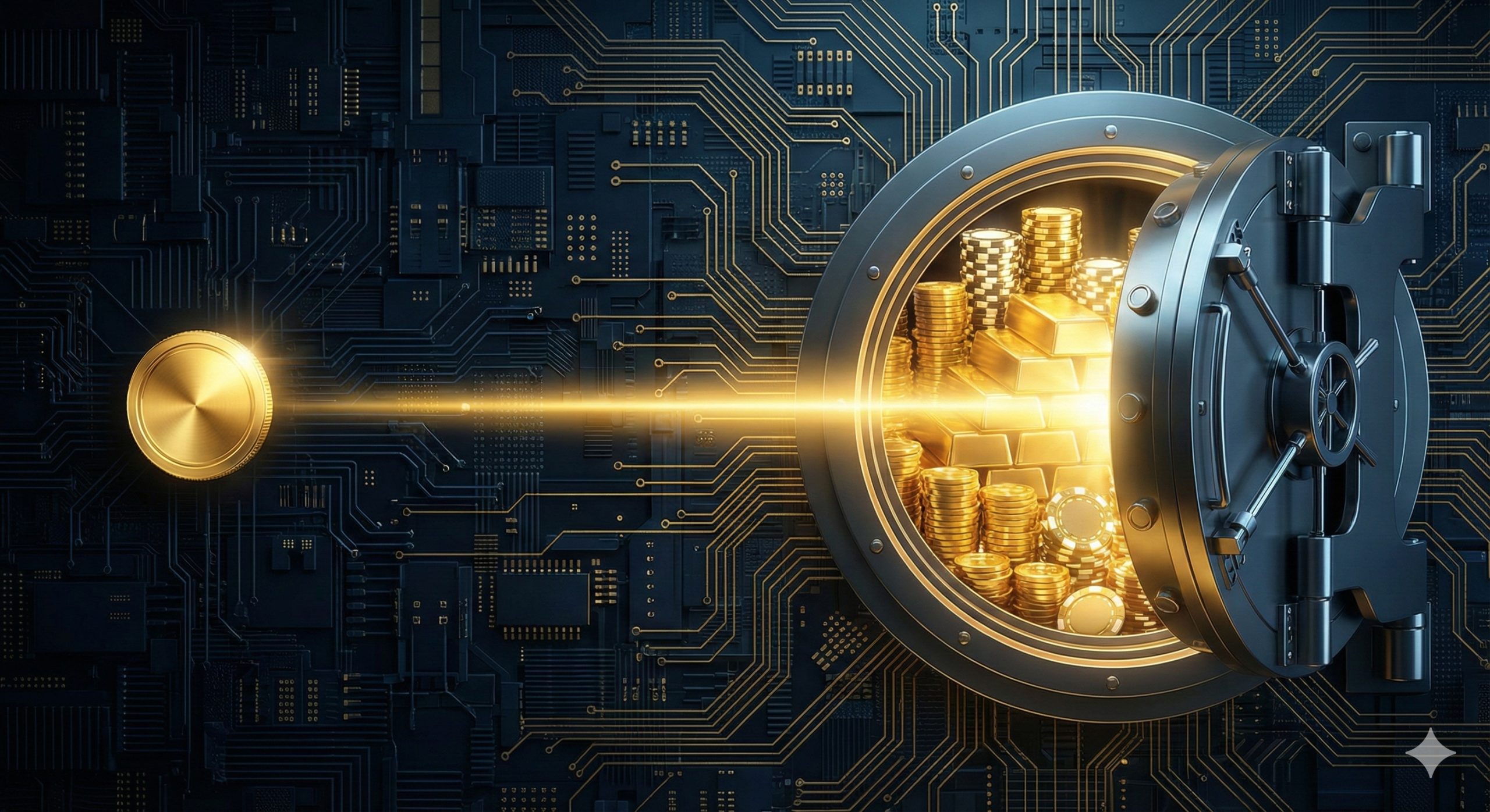 强调无门槛与高回报的优势图。画面左侧是一枚精致的金色硬币（象征1铢起投），右侧是一个打开的巨大高科技金库，里面堆满了发光的金条和筹码。两者之间通过光束连接，背景是暗色调的电路板纹理，突显出专业性和稳重感。视觉上强烈传达出“小投入、大保障、高回报”的核心价值。