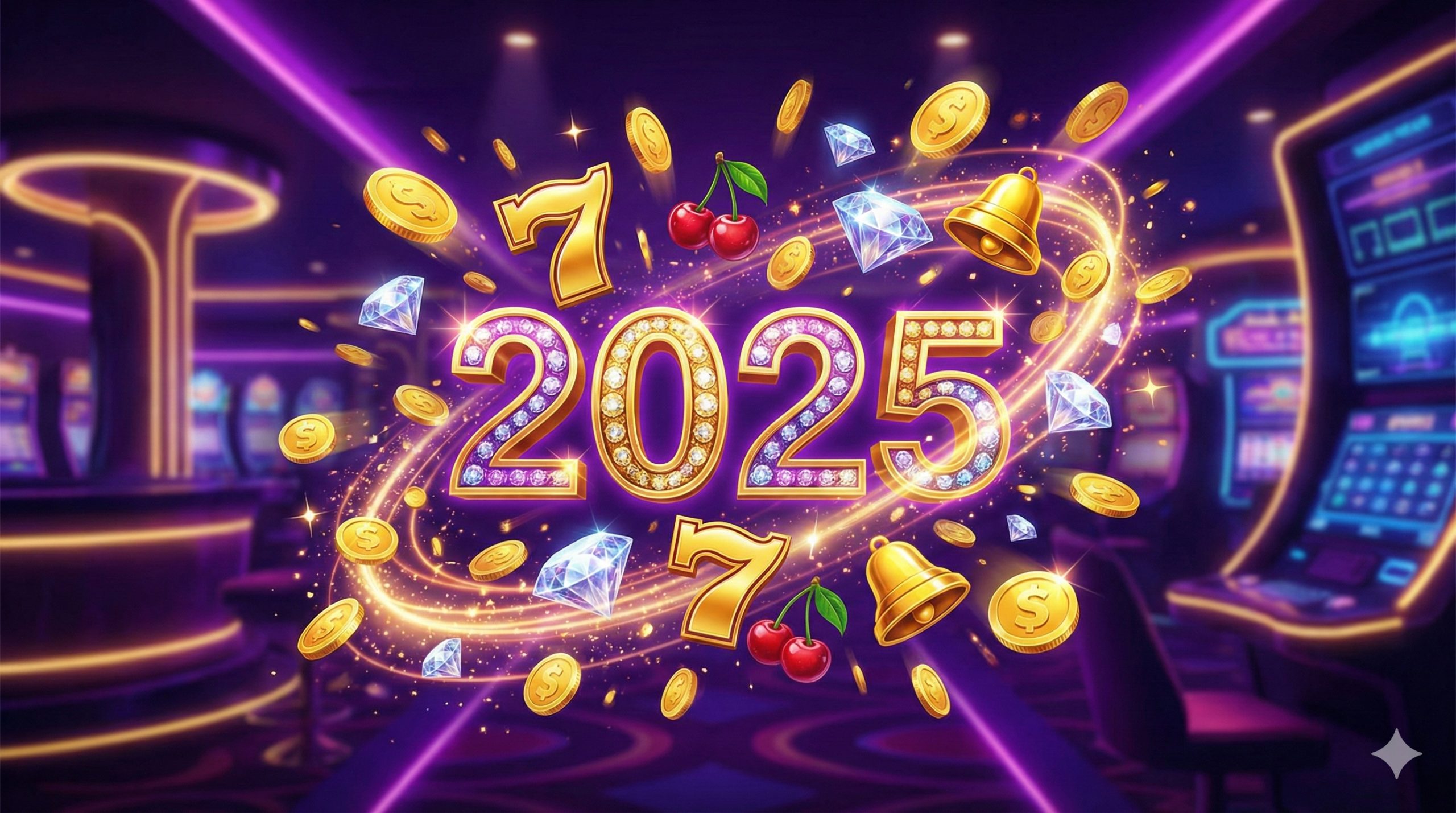 一张极具视觉冲击力的封面图，背景采用深紫色和金色的霓虹光效，模拟高端数字赌场的奢华氛围。画面中心醒目地展示'2025'字样与爆炸散落的金币、钻石和老虎机幸运符号（如数字7、水果），象征着Slot Gacor带来的巨大财富。整体构图动感十足，色彩鲜艳明亮，旨在瞬间抓住泰国玩家的眼球，传达ppgslots.com作为易爆奖平台的核心信息。