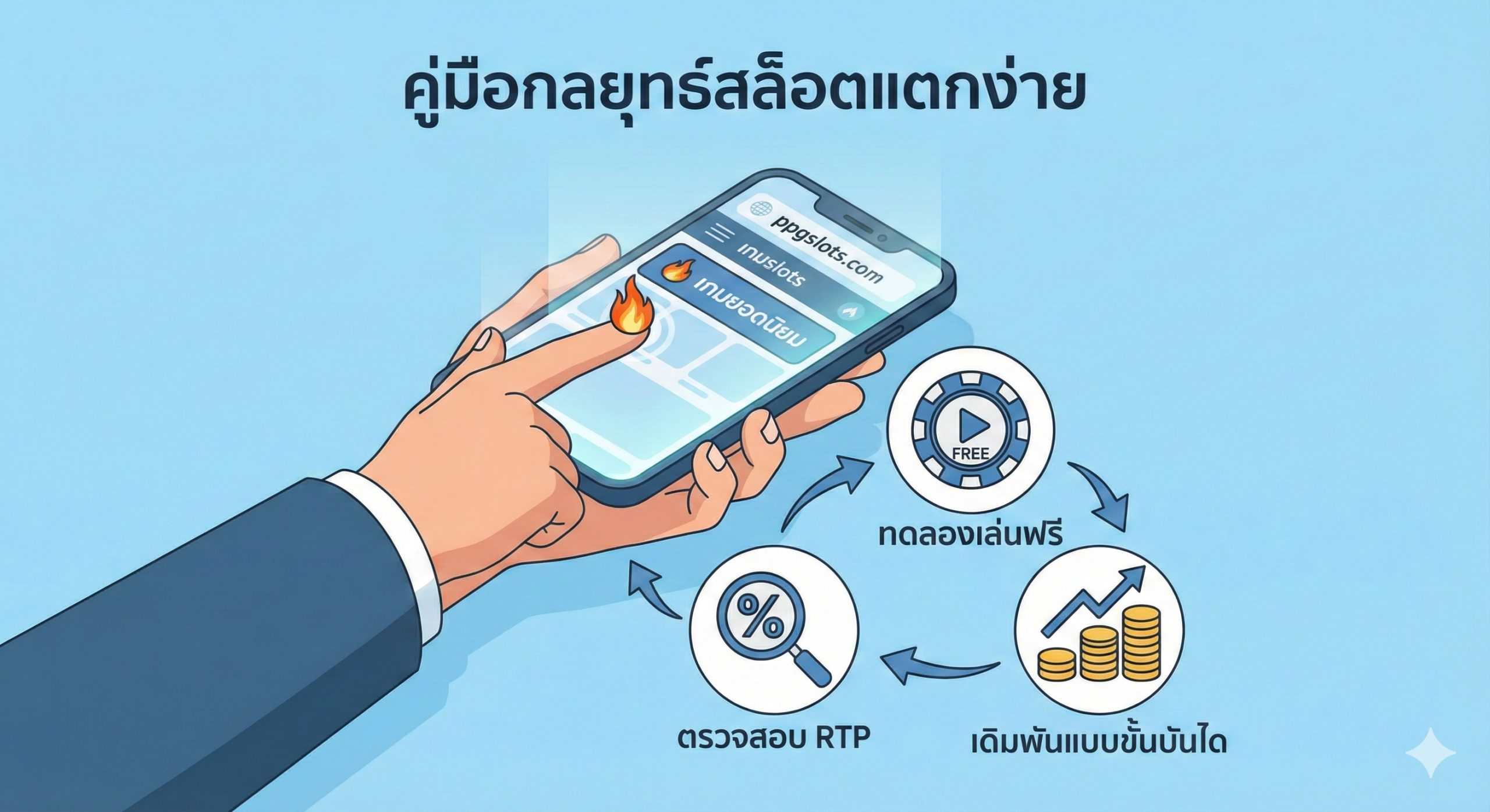 一张清晰的策略指引图，采用扁平化或等距视角设计。画面展示一只手握着智能手机，屏幕显示ppgslots.com的游戏大厅，手指正在点击带有火焰标记的'热门游戏'。周围环绕着三个关键图标步骤：'查看RTP'、'免费试玩'和'阶梯式下注'，通过箭头连接，直观地教导用户如何识别和利用技巧找到容易爆奖的游戏。