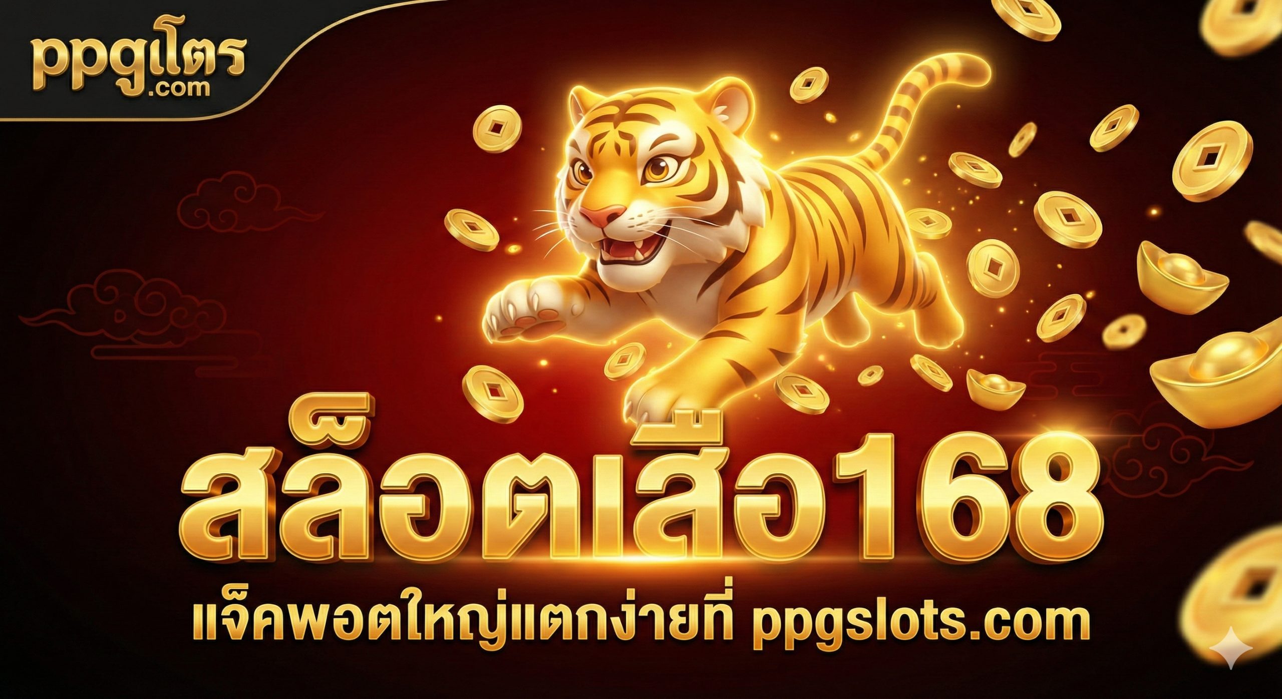 A luxurious and high-energy 3D banner image designed for the ppgslots.com cover. The centerpiece is a charismatic, golden animated tiger character (resembling the Fortune Tiger style) leaping forward with a backdrop of falling gold coins and Chinese gold ingots. The background features a deep royal crimson and black gradient with subtle oriental cloud patterns. Large, glossy, 3D golden typography reads 'Slot Tiger168' with a glowing effect. The PPGSlots logo is elegantly placed in the top corner. The overall lighting is warm and cinematic, emphasizing wealth, luck, and the excitement of a jackpot win.