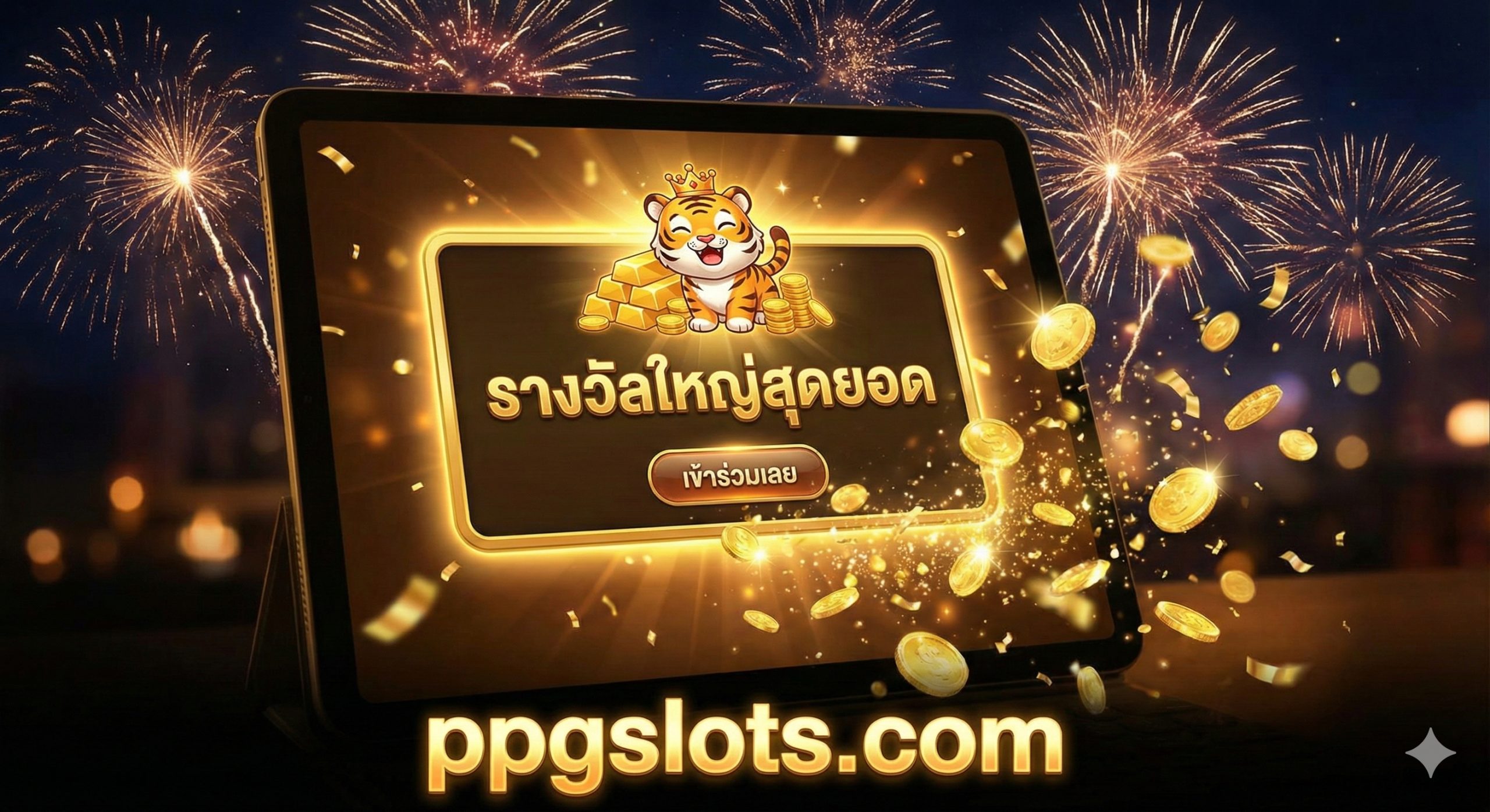 An exciting and celebratory conclusion image designed to drive clicks. It features a close-up of a tablet screen displaying a massive 'SUPER MEGA WIN' notification with the Slot Tiger168 theme. Gold coins are depicted exploding out of the screen towards the viewer. In the background, virtual fireworks illuminate a festive night sky. The PPGSlots.com URL is displayed prominently at the bottom in bold, glowing text alongside a 'Join Now' button graphic. The atmosphere is euphoric and inviting, perfectly summarizing the potential for huge rewards.