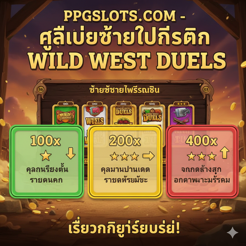 คู่มือการซื้อฟีเจอร์ (Buy Feature Guide) เปรียบเทียบราคา 100x (ความเสี่ยงต่ำ), 200x (ความเสี่ยงปานกลาง), และ 400x (ความเสี่ยงสูง/Max Win) พร้อมไอคอนแสดงระดับความเสี่ยง