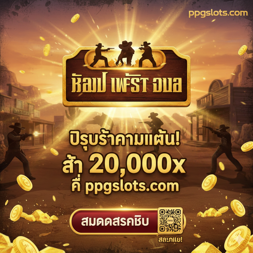 ภาพสรุปและเชิญชวนให้เล่นเกม Wild West Duels ที่ ppgslots.com พร้อมข้อความ 'พิสูจน์ความแม่น! ล่า 20,000x' และปุ่มสมัครสมาชิก